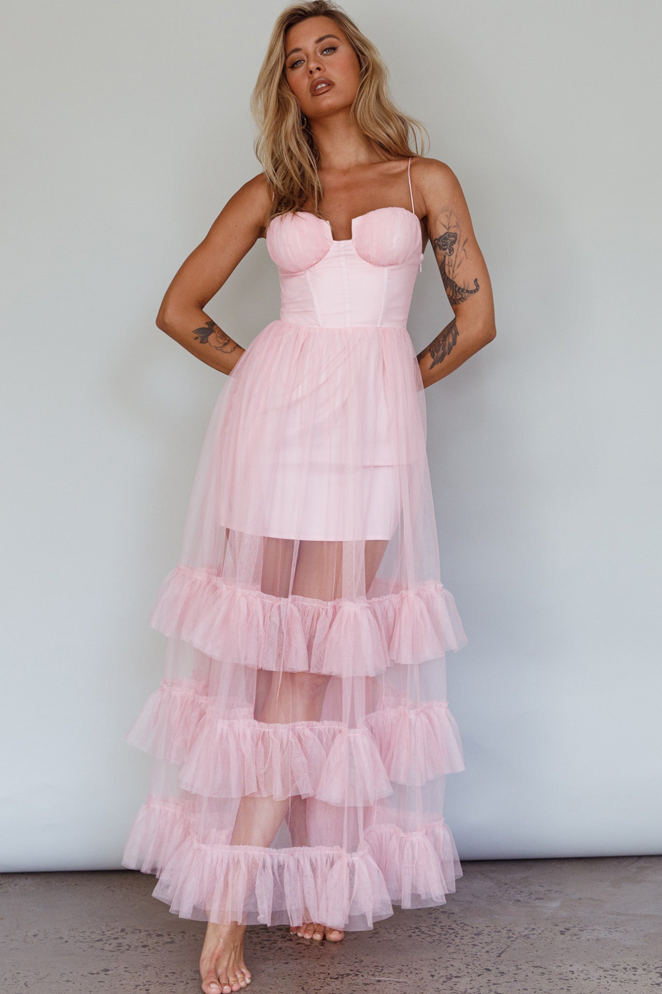 Moonlight Sonata Ruffle Mesh Maxi Dress Cameo Pink by Selfie Leslie Australia