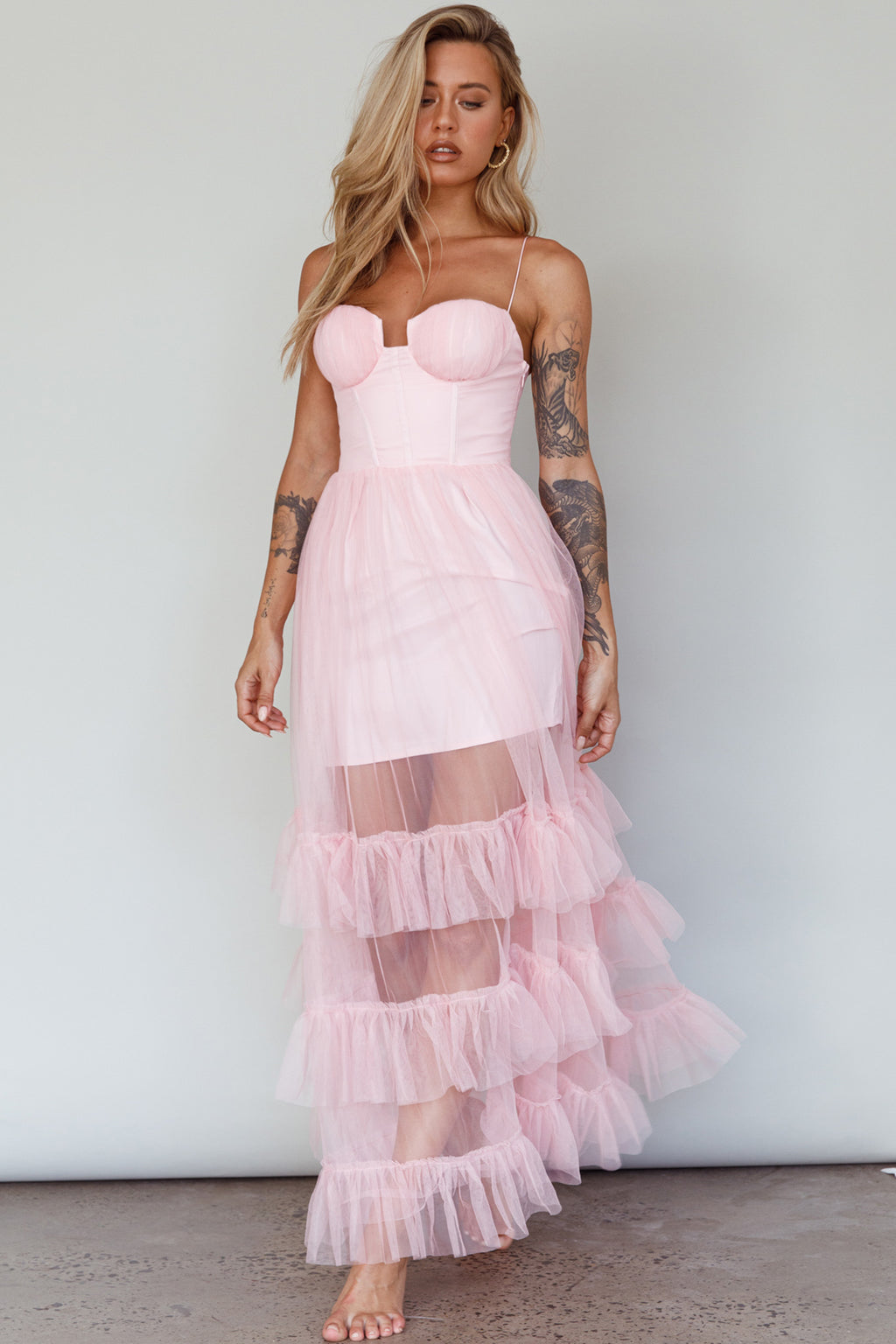 Moonlight Sonata Ruffle Mesh Maxi Dress Cameo Pink by Selfie Leslie Australia