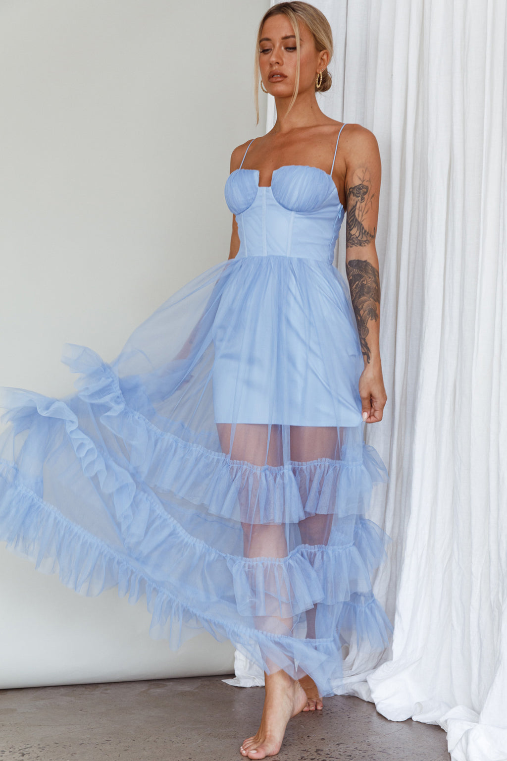 Moonlight Sonata Ruffle Mesh Maxi Dress Sky Blue by Selfie Leslie Australia