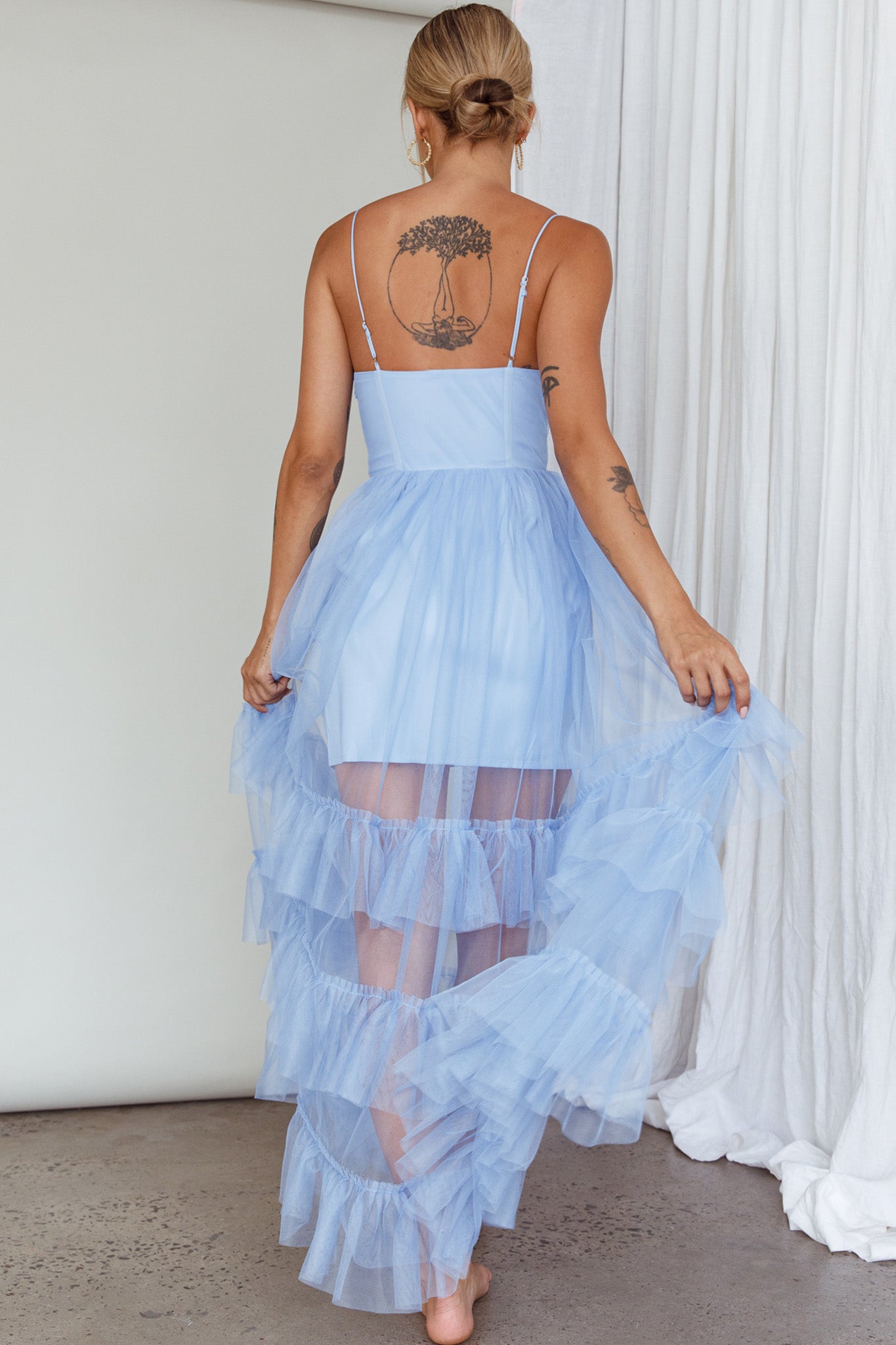Moonlight Sonata Ruffle Mesh Maxi Dress Sky Blue by Selfie Leslie Australia