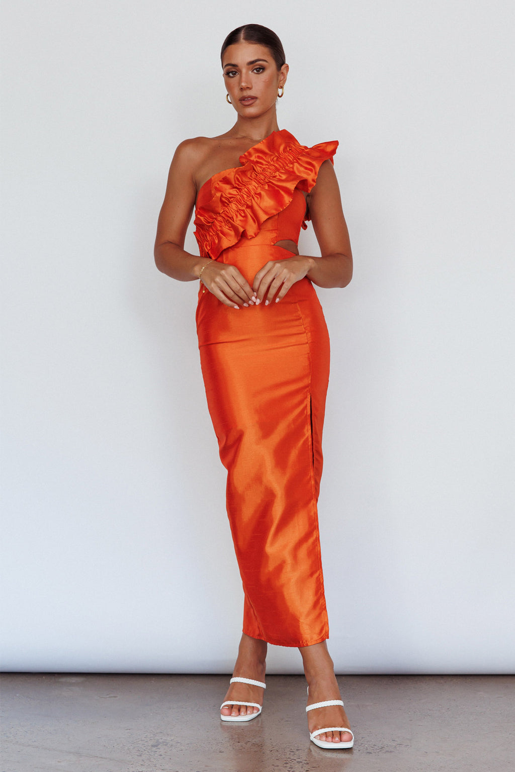NY Moment Wide Ruffle Shoulder Dress Orange by Selfie Leslie Australia