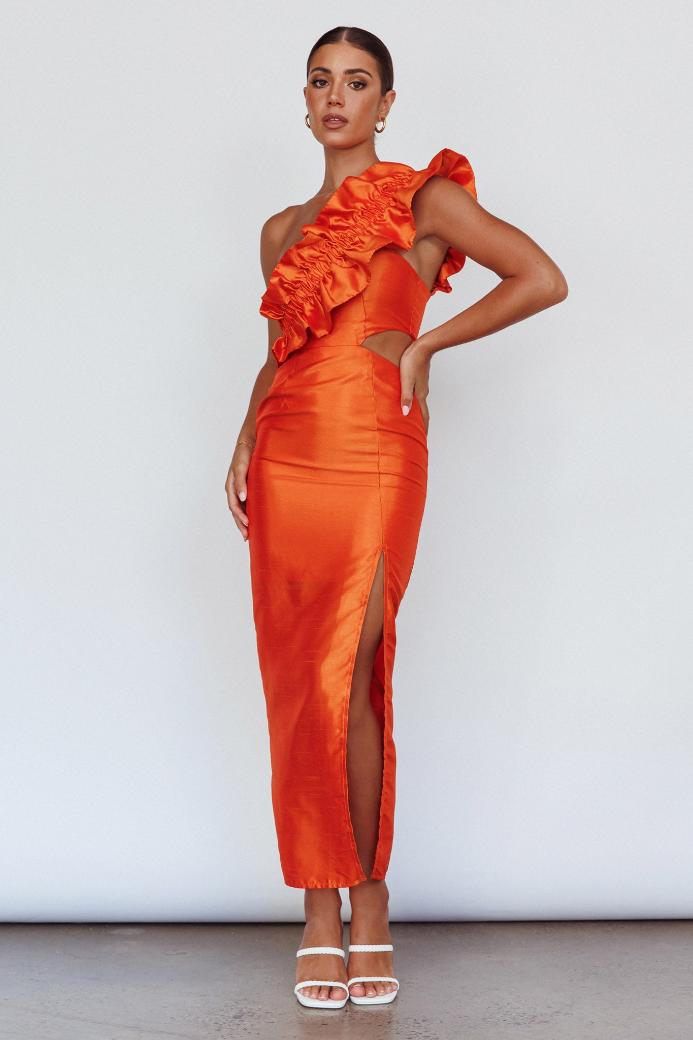 NY Moment Wide Ruffle Shoulder Dress Orange by Selfie Leslie Australia
