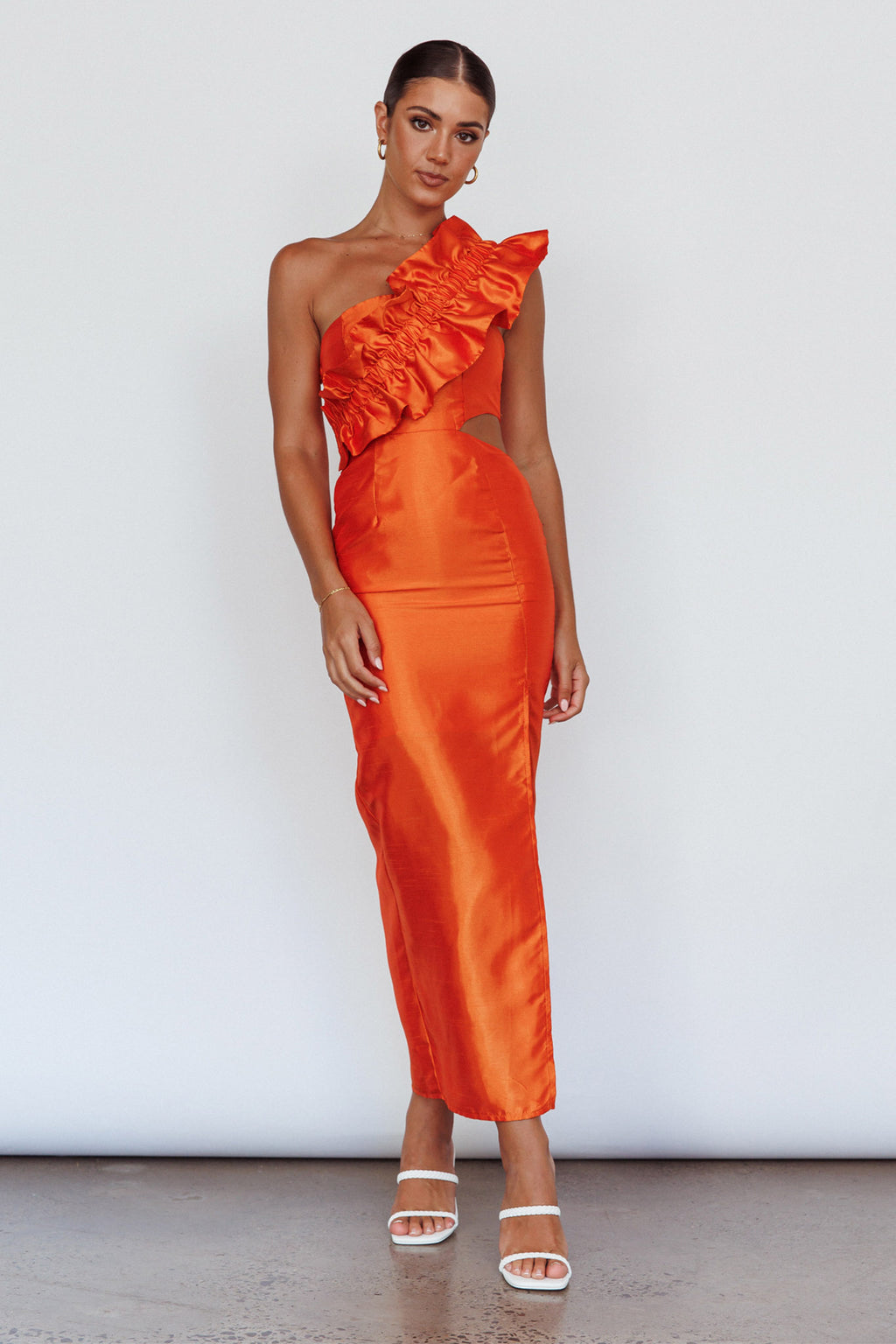 NY Moment Wide Ruffle Shoulder Dress Orange by Selfie Leslie Australia