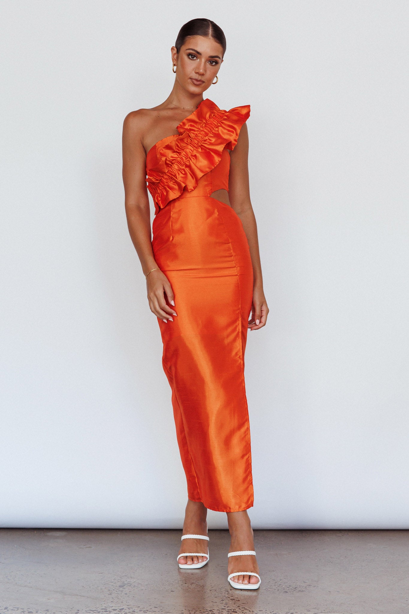 NY Moment Wide Ruffle Shoulder Dress Orange by Selfie Leslie Australia