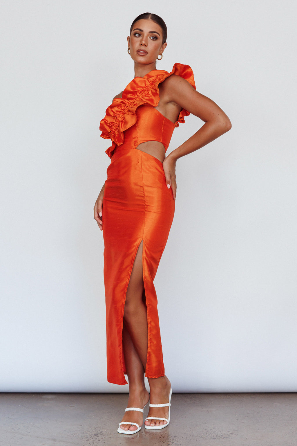 NY Moment Wide Ruffle Shoulder Dress Orange by Selfie Leslie Australia