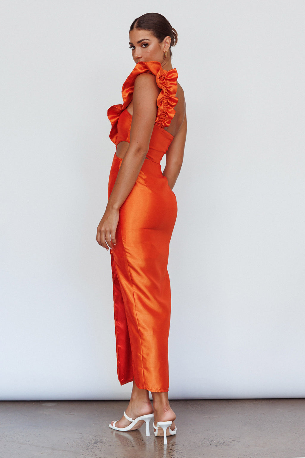 NY Moment Wide Ruffle Shoulder Dress Orange by Selfie Leslie Australia