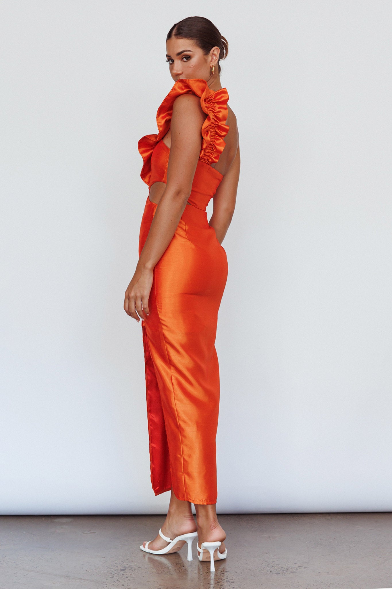 NY Moment Wide Ruffle Shoulder Dress Orange by Selfie Leslie Australia
