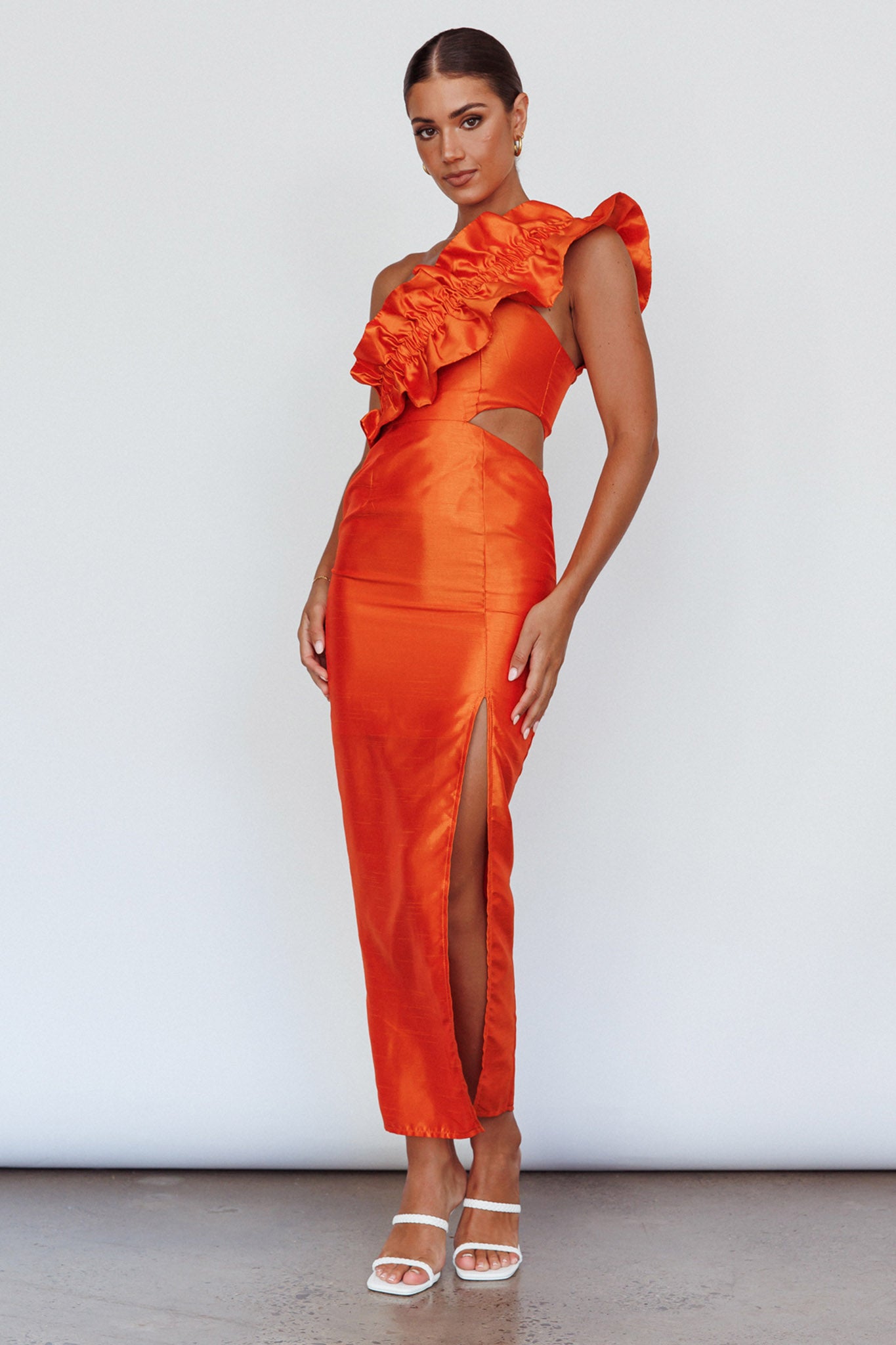 NY Moment Wide Ruffle Shoulder Dress Orange by Selfie Leslie Australia