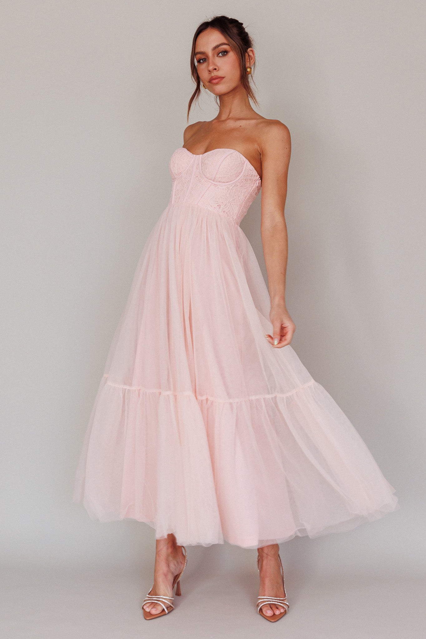 Dancing With Me Sweetheart Tulle Midi Dress Pink by Selfie Leslie Australia