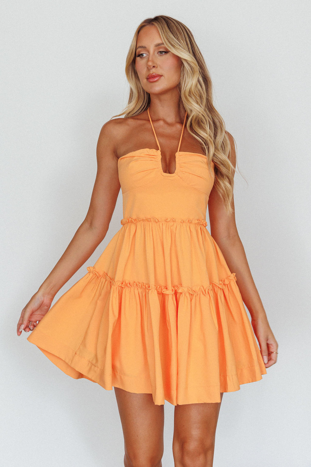 Sherbet Sunset Tied Neck Mini Dress Orange by Selfie Leslie Australia