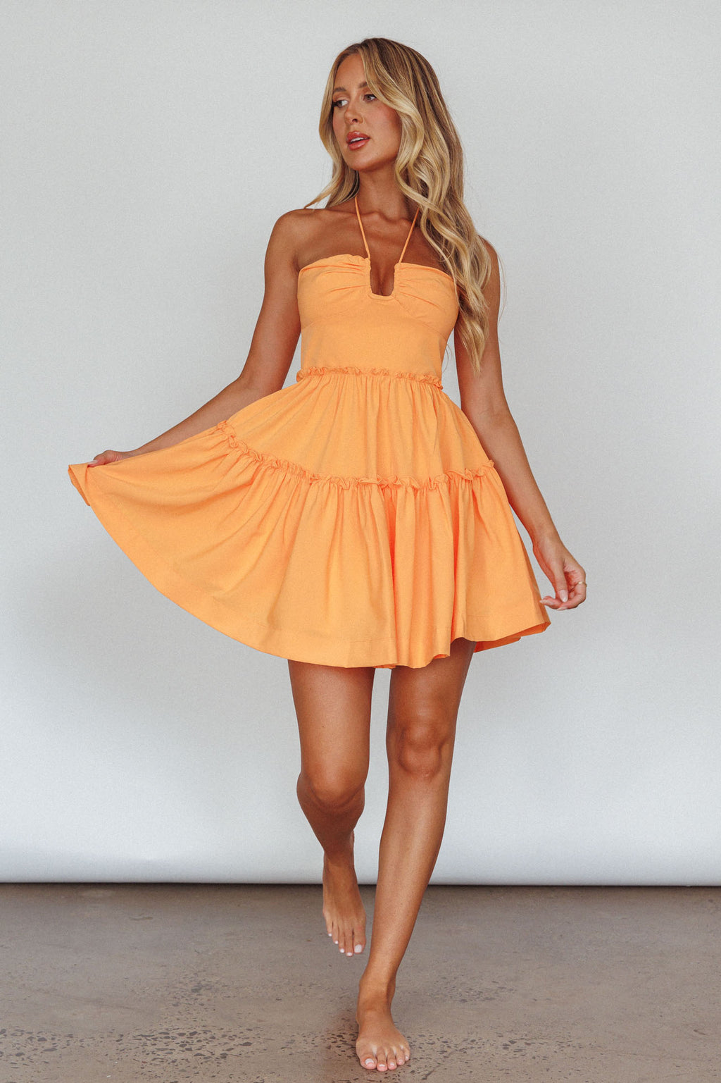 Sherbet Sunset Tied Neck Mini Dress Orange by Selfie Leslie Australia