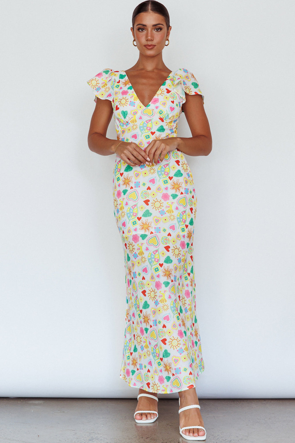Long Summer Flutter Sleeve Maxi Dress Printed White by Selfie Leslie Australia