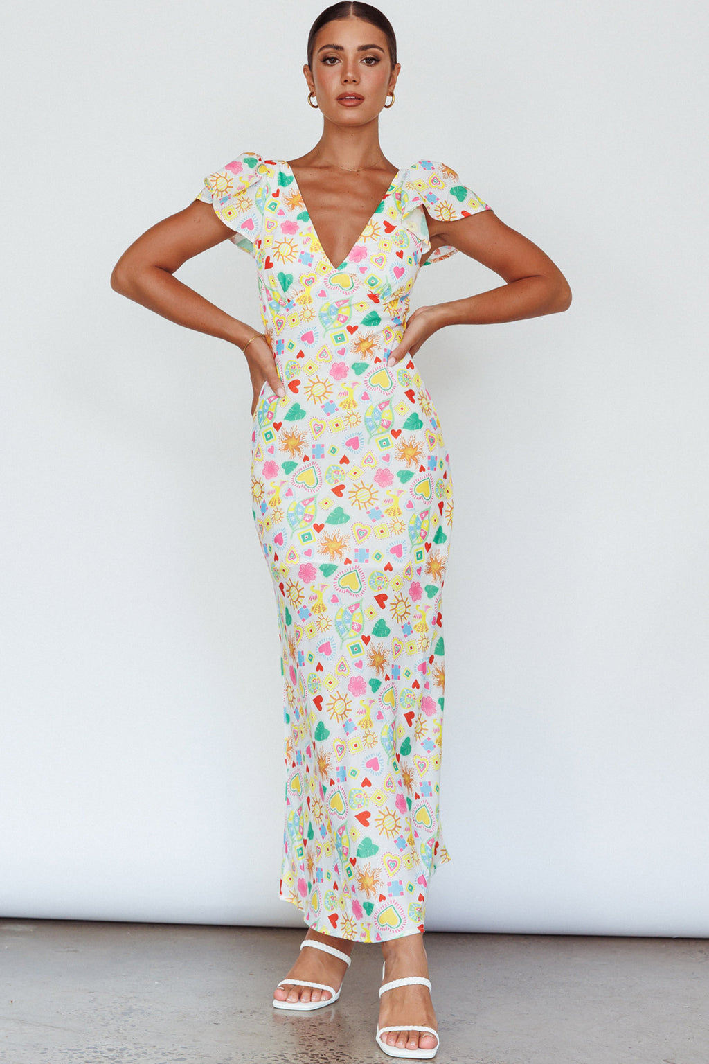 Long Summer Flutter Sleeve Maxi Dress Printed White by Selfie Leslie Australia