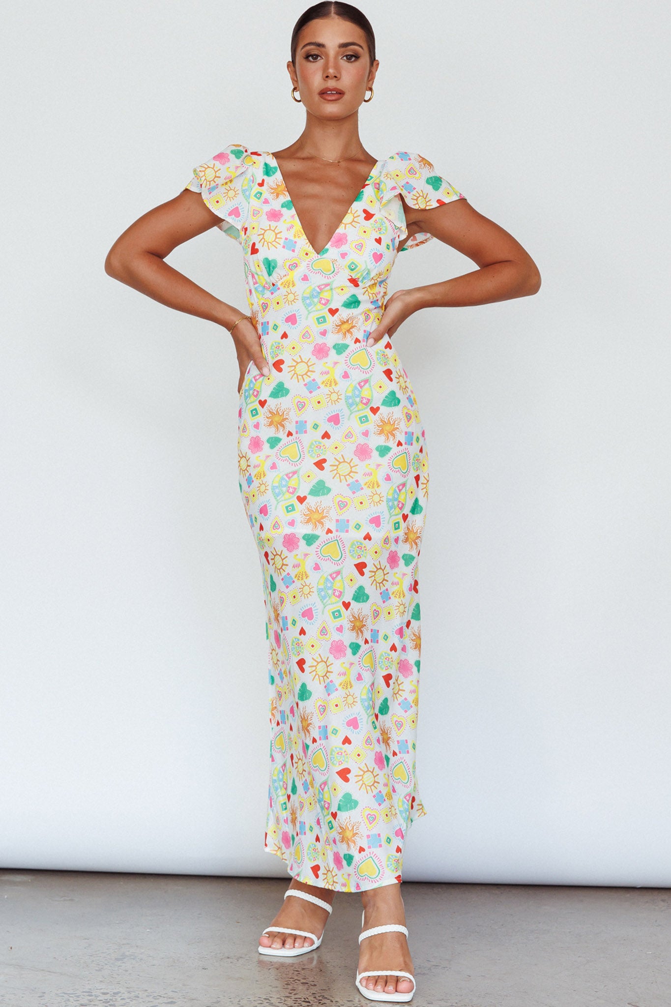Long Summer Flutter Sleeve Maxi Dress Printed White by Selfie Leslie Australia