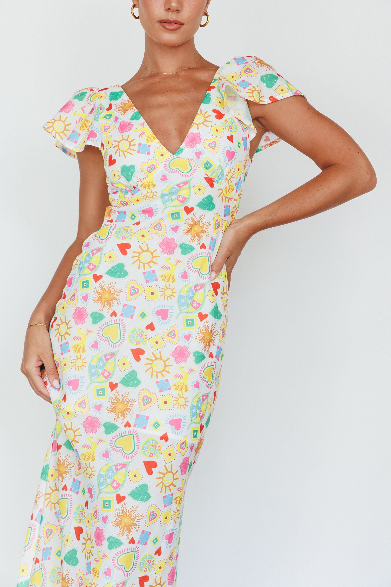 Long Summer Flutter Sleeve Maxi Dress Printed White by Selfie Leslie Australia