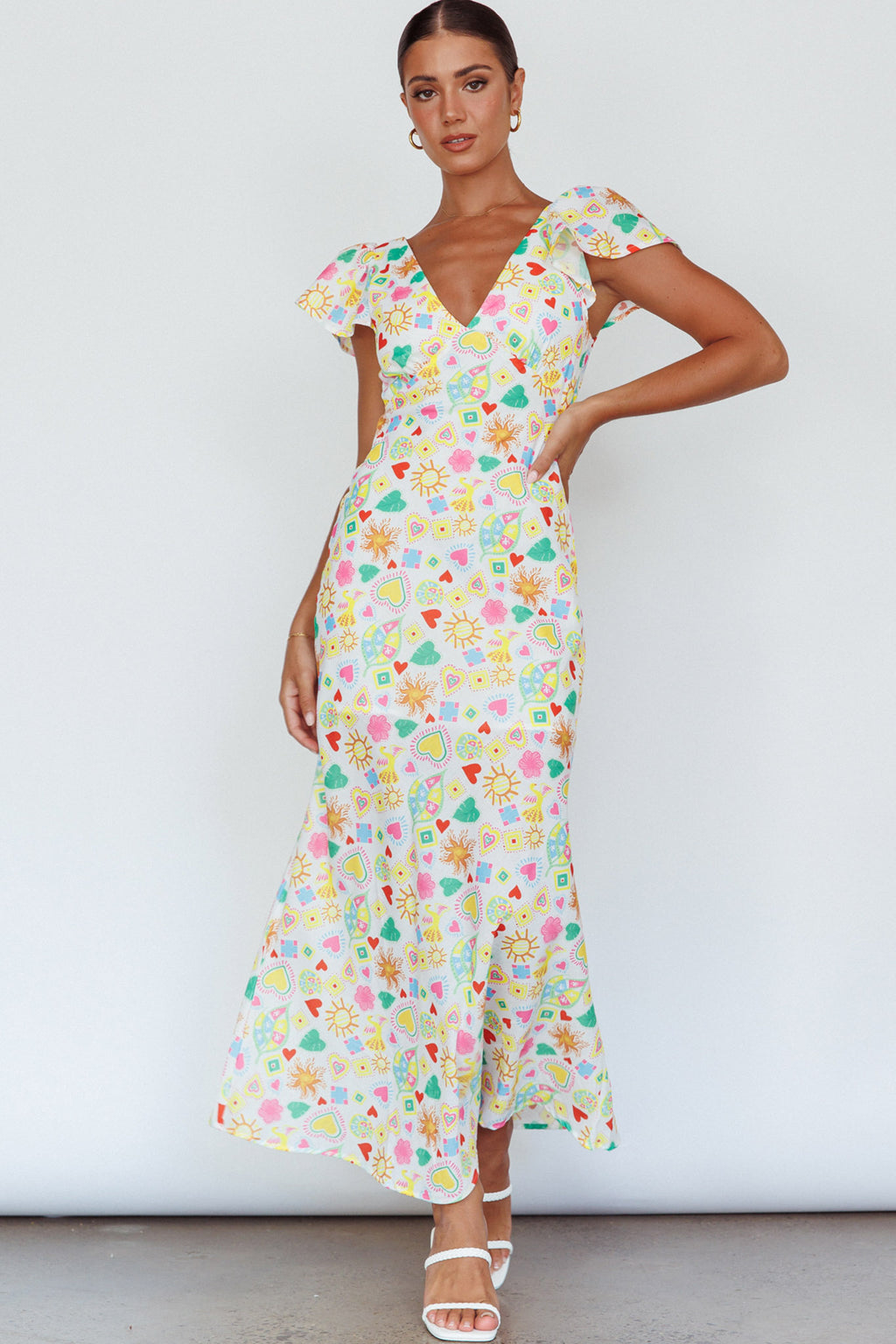 Long Summer Flutter Sleeve Maxi Dress Printed White by Selfie Leslie Australia