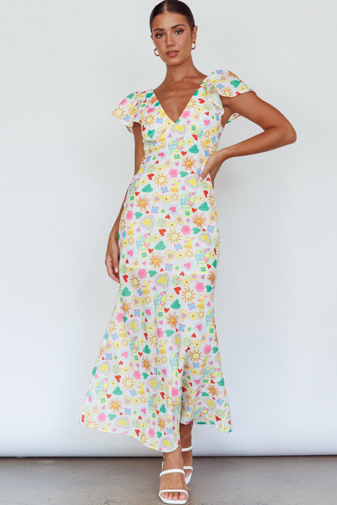 Long Summer Flutter Sleeve Maxi Dress Printed White by Selfie Leslie Australia