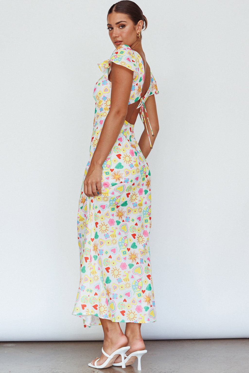 Long Summer Flutter Sleeve Maxi Dress Printed White by Selfie Leslie Australia