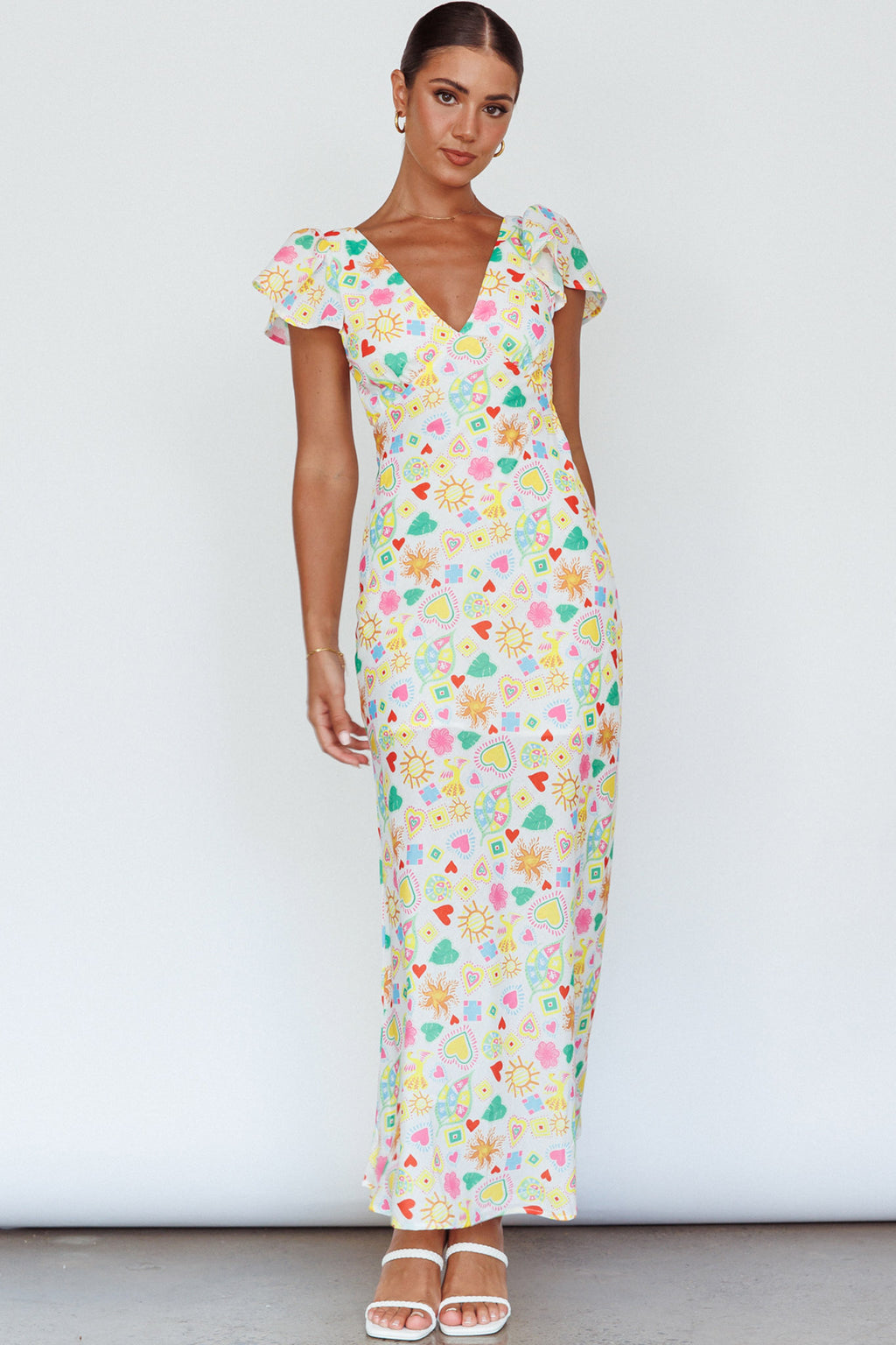 Long Summer Flutter Sleeve Maxi Dress Printed White by Selfie Leslie Australia