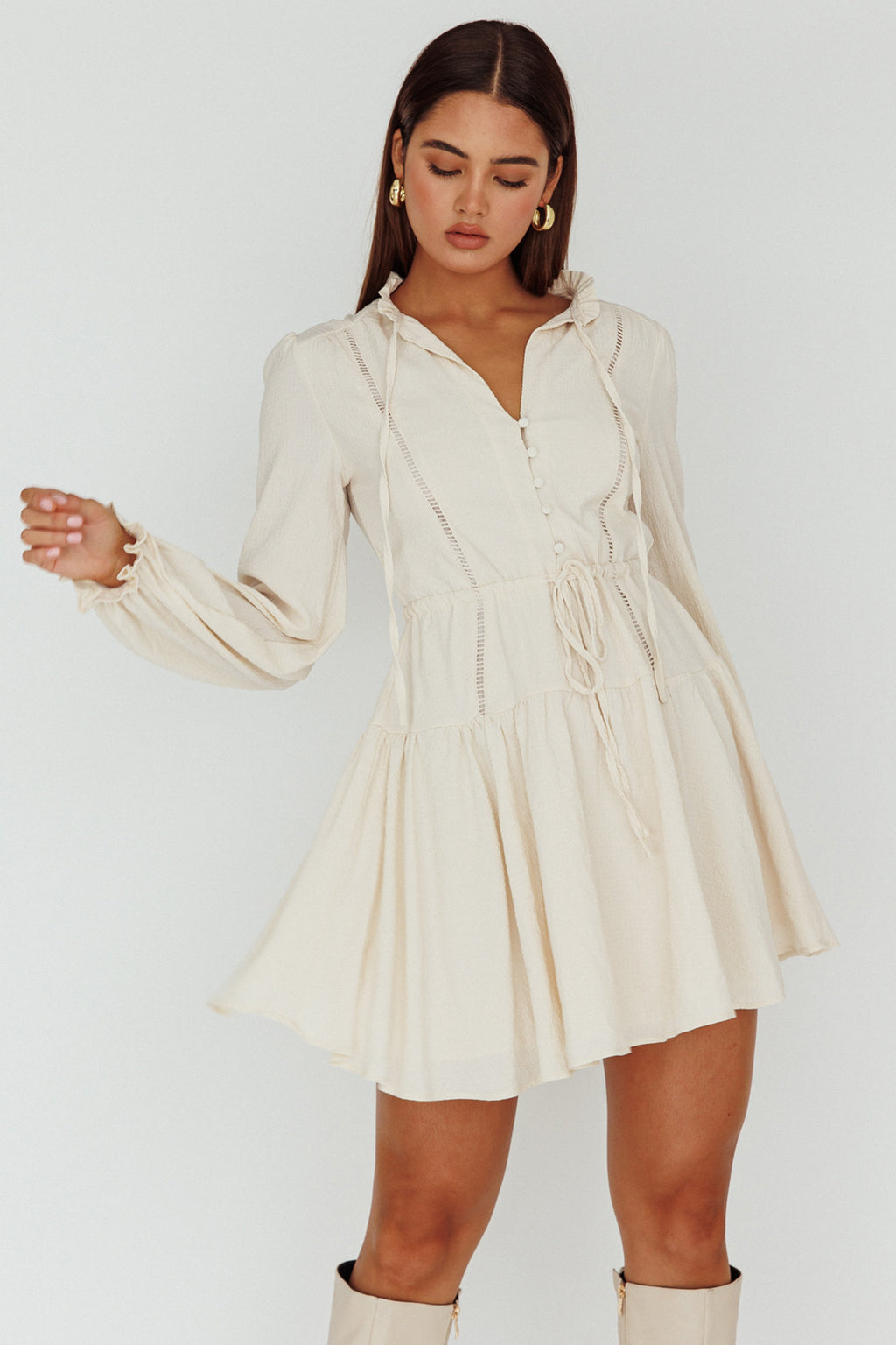 Waverly Long Sleeve Mini Dress Beige by Selfie Leslie Australia