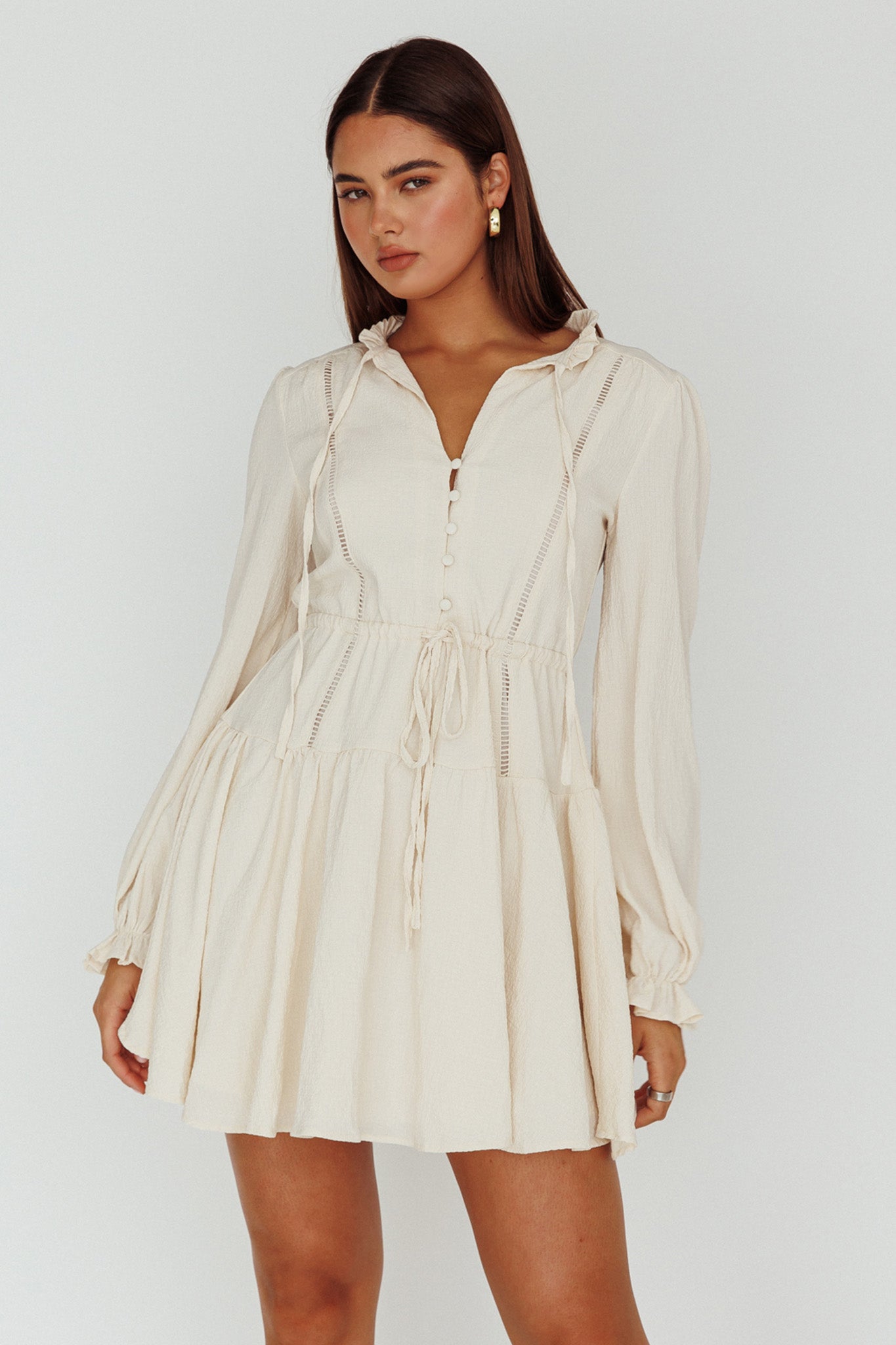Waverly Long Sleeve Mini Dress Beige by Selfie Leslie Australia