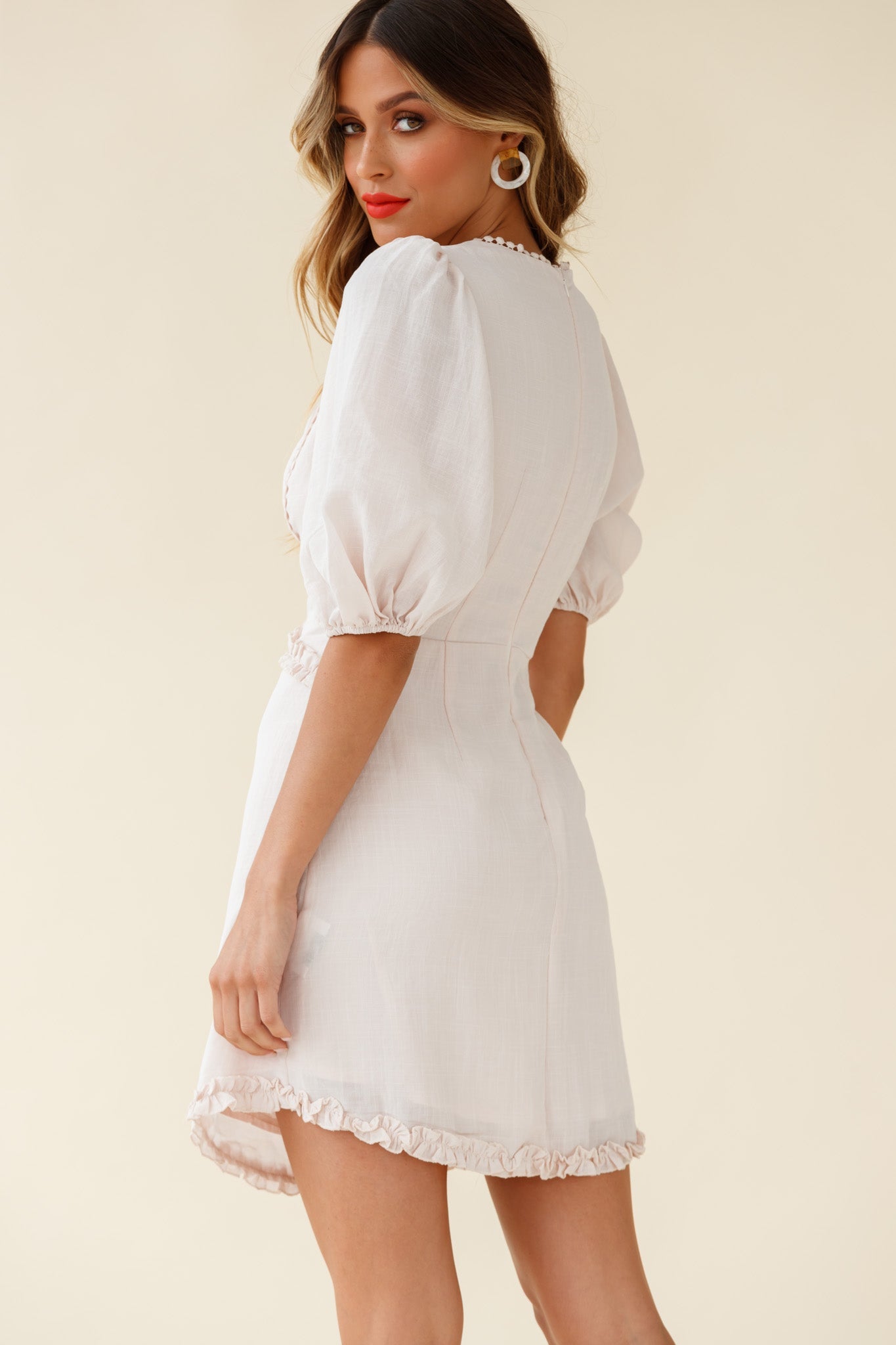 Meant To Be Puff Sleeve Frill Detail Dress Beige by Selfie Leslie