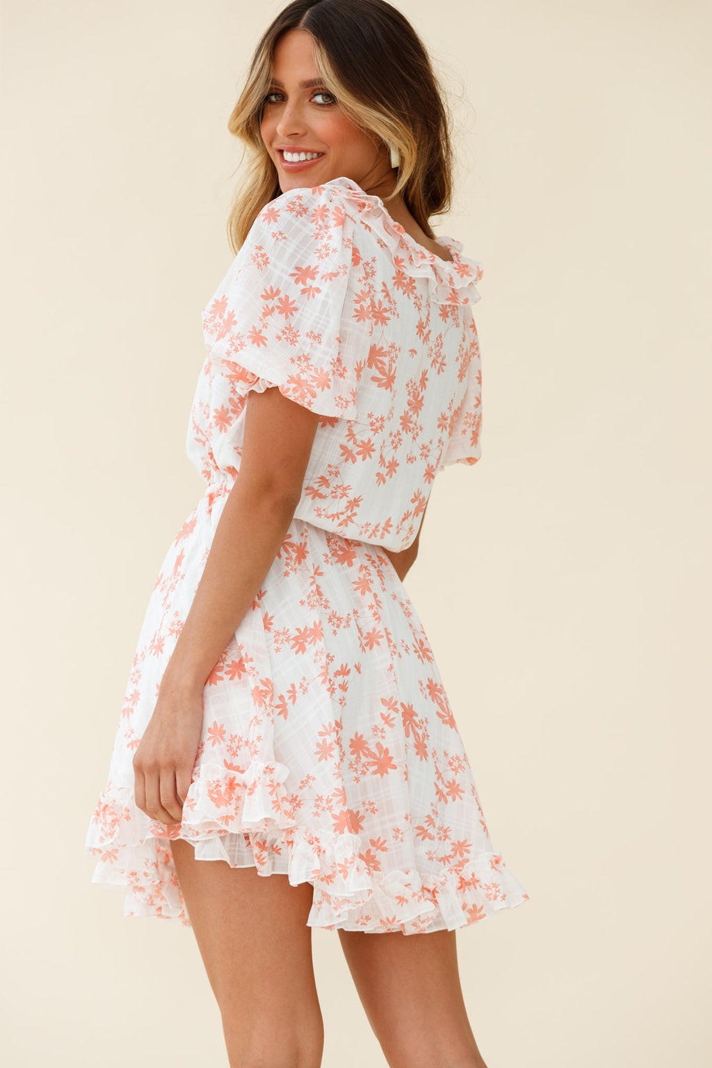 Brianna Puff Sleeve Drawstring Waist Dress Floral Print Pink by Selfie Leslie
