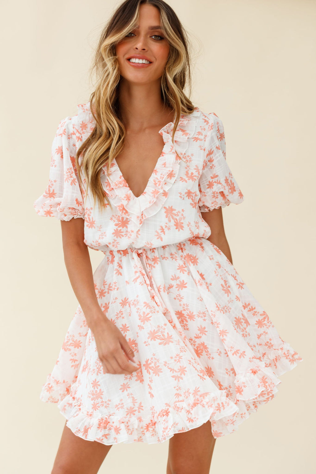 Brianna Puff Sleeve Drawstring Waist Dress Floral Print Pink by Selfie Leslie