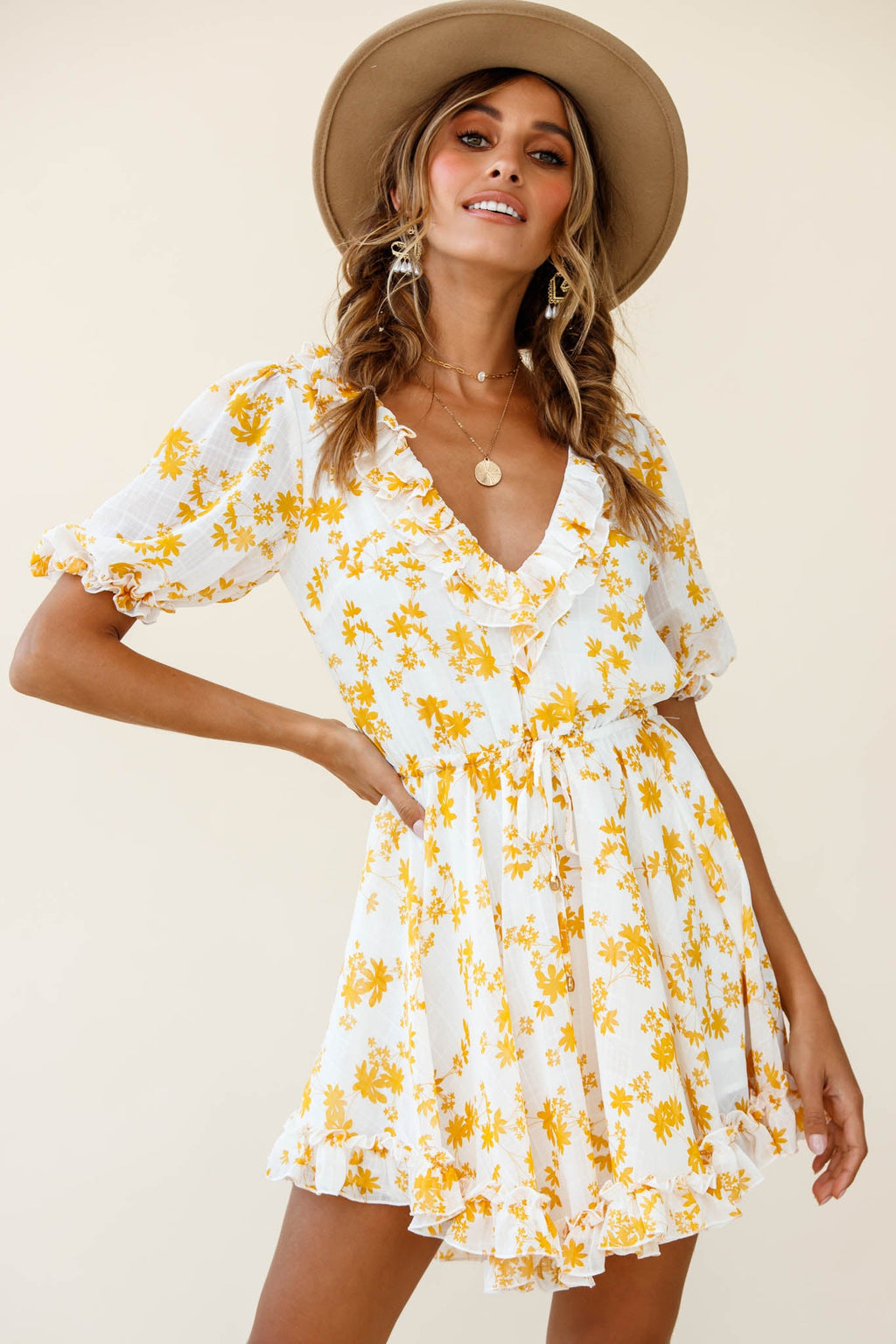 Brianna Puff Sleeve Drawstring Waist Dress Floral Print Yellow by Selfie Leslie