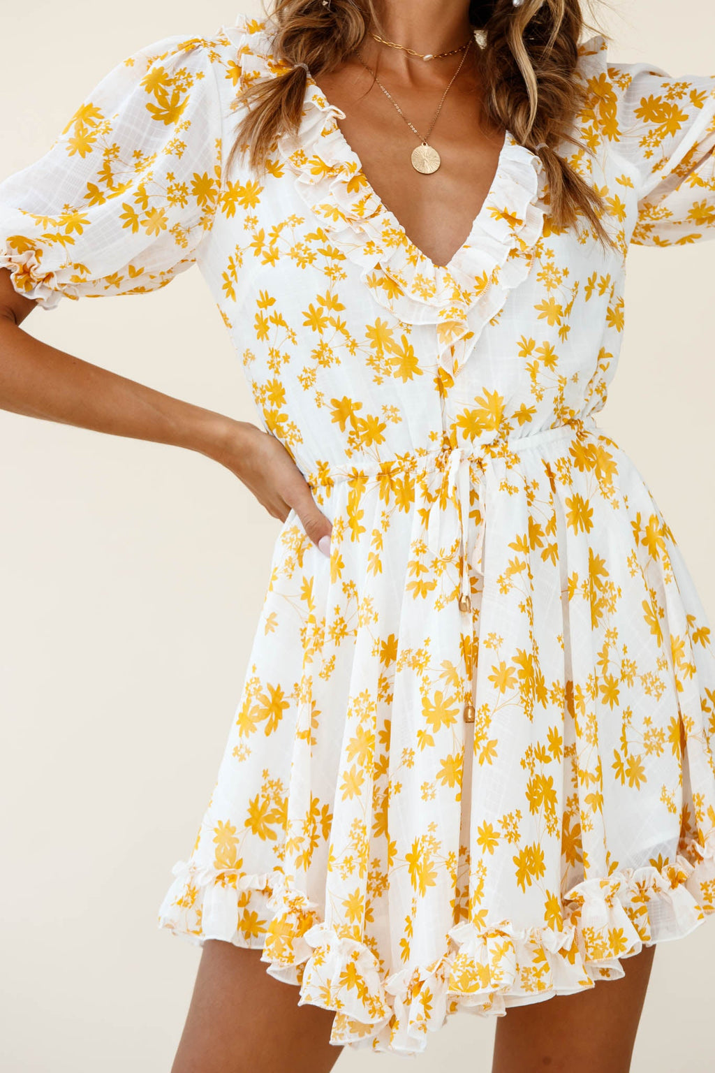 Brianna Puff Sleeve Drawstring Waist Dress Floral Print Yellow by Selfie Leslie