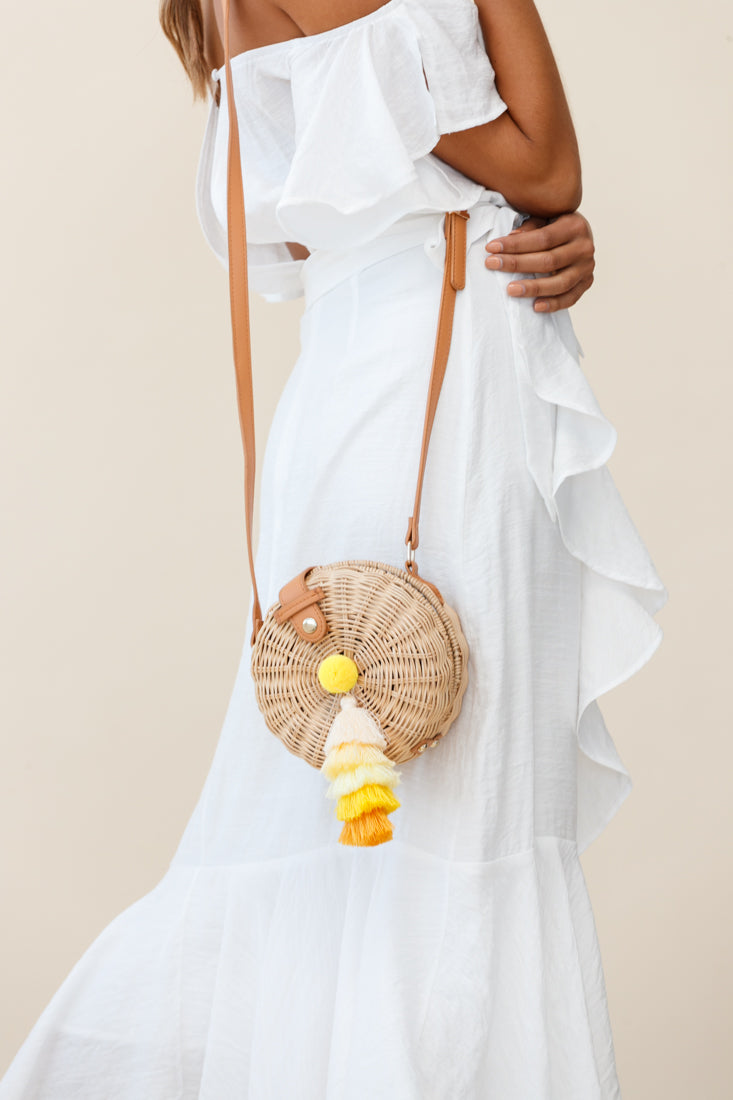 Tulum Woven Circle Tassel Trim Bag Yellow by Selfie Leslie