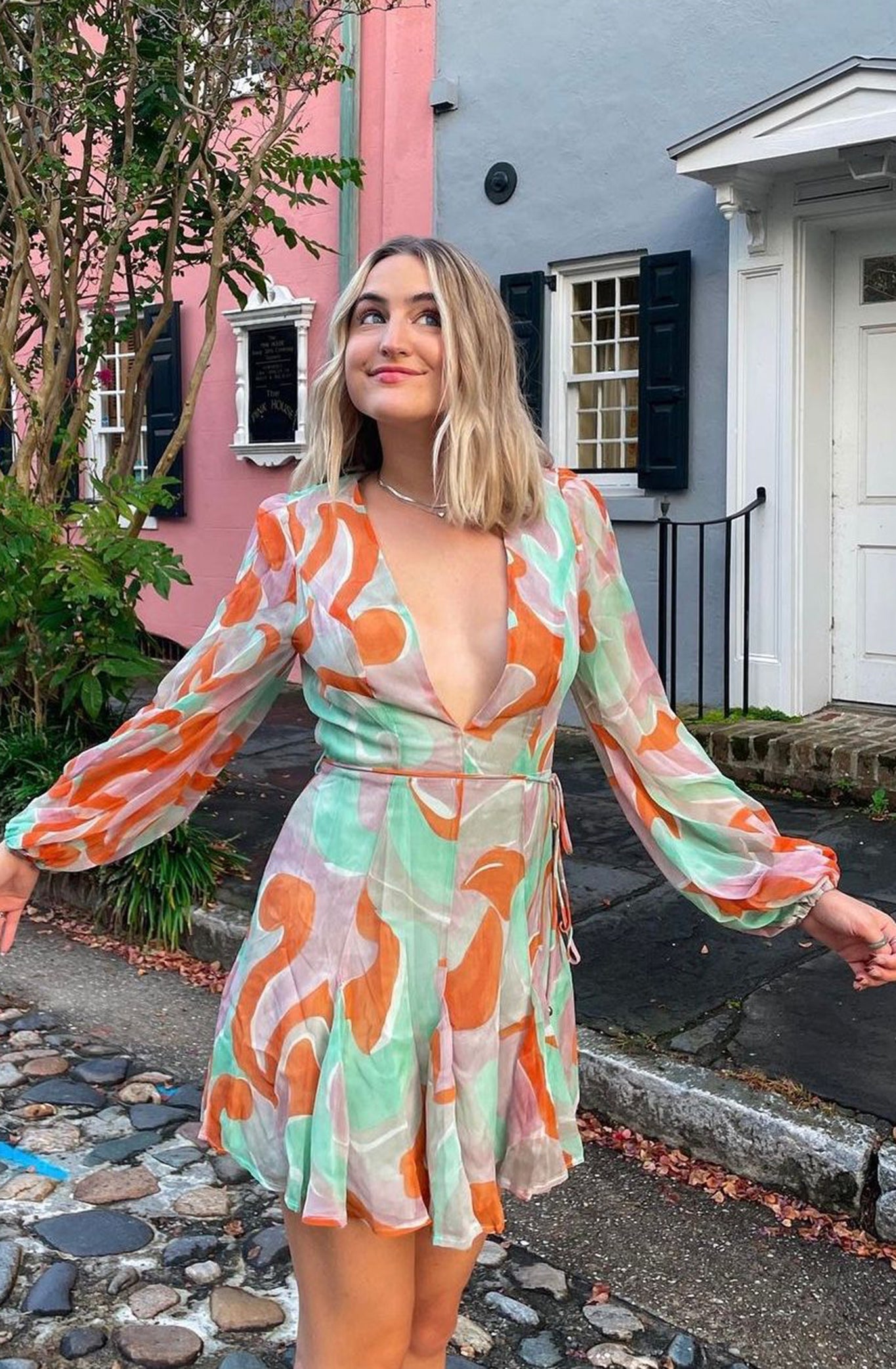 Estelle Long Sleeve V-Neckline Dress Swirl Print Orange/Mint by Selfie Leslie