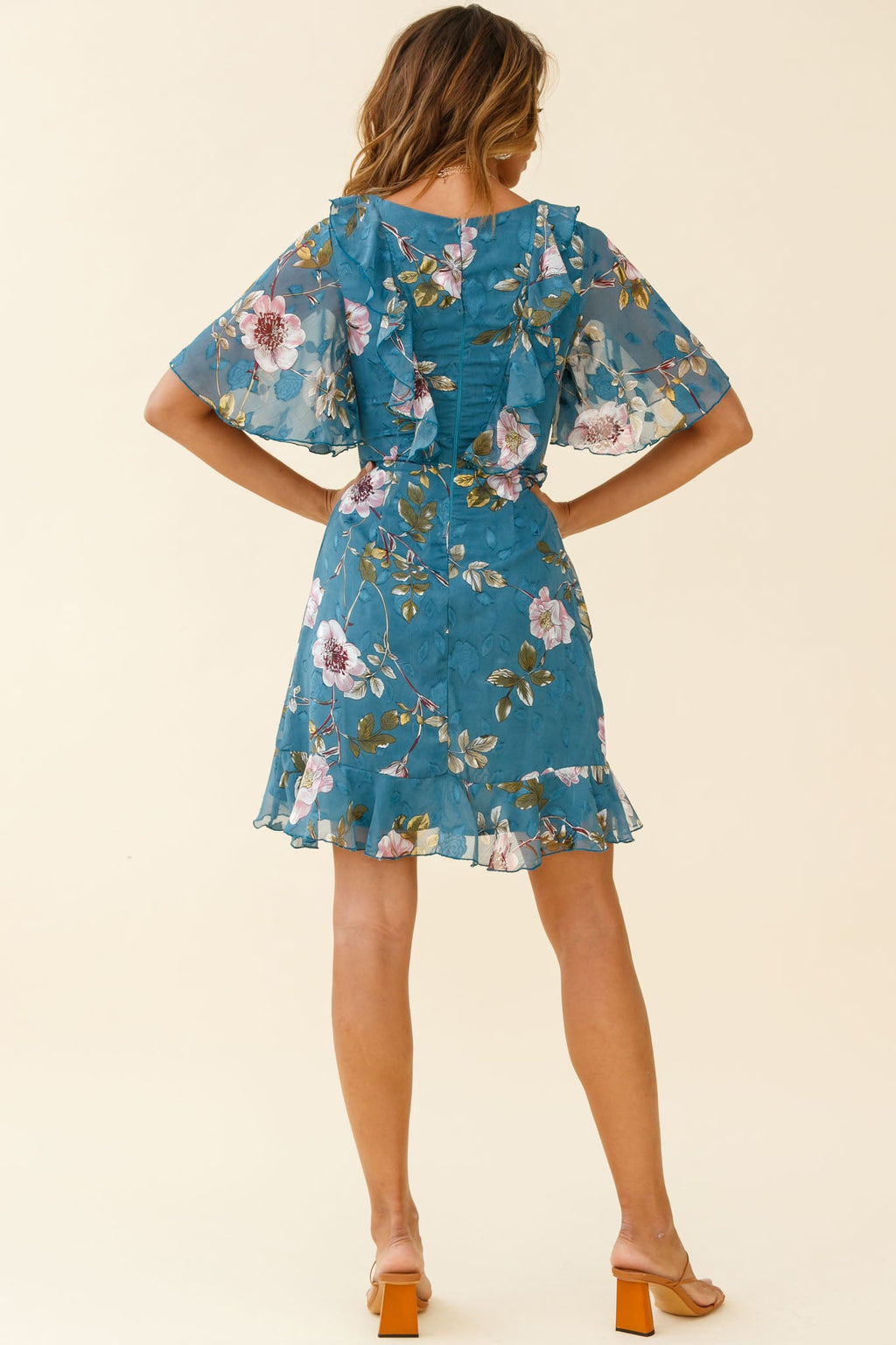 June Angel Sleeve Ruffle Detail Dress Floral Print Teal by Selfie Leslie