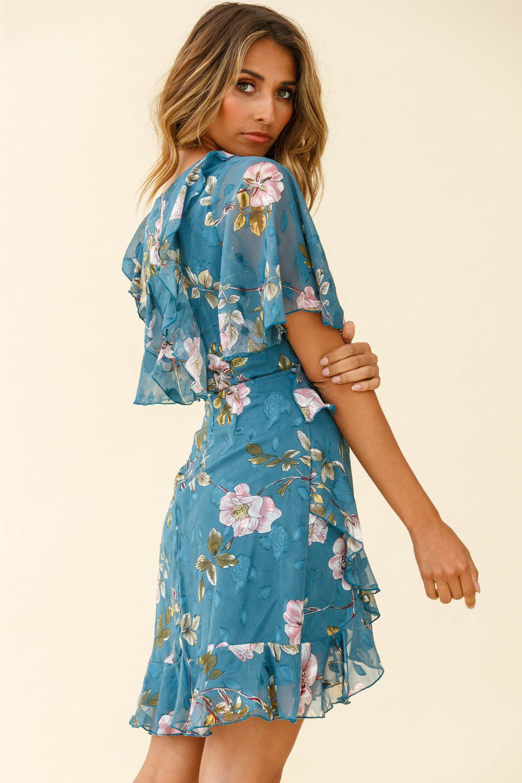 June Angel Sleeve Ruffle Detail Dress Floral Print Teal by Selfie Leslie