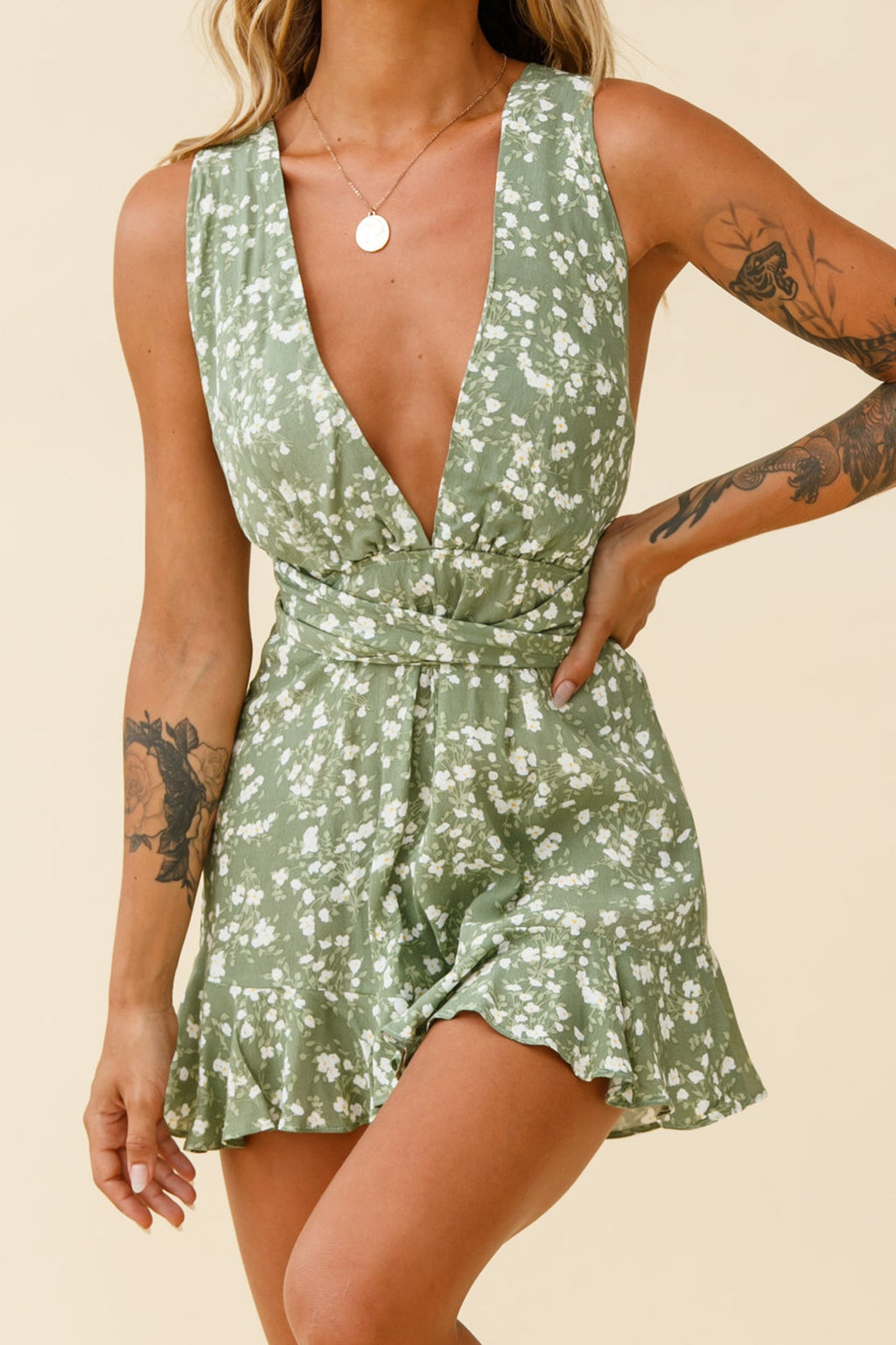 Playa Vista Halterneck Frill Hem Romper Floral Print Olive by Selfie Leslie