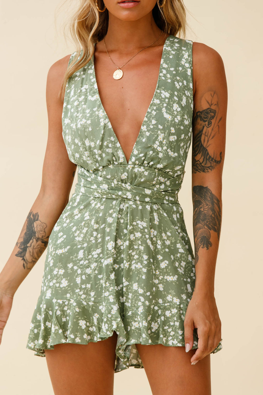 Playa Vista Halterneck Frill Hem Romper Floral Print Olive by Selfie Leslie