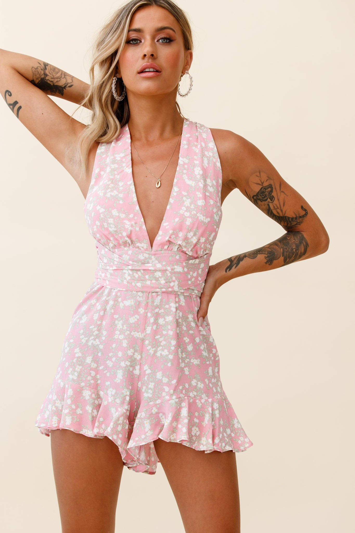 Playa Vista Halterneck Frill Hem Romper Floral Print Pink by Selfie Leslie