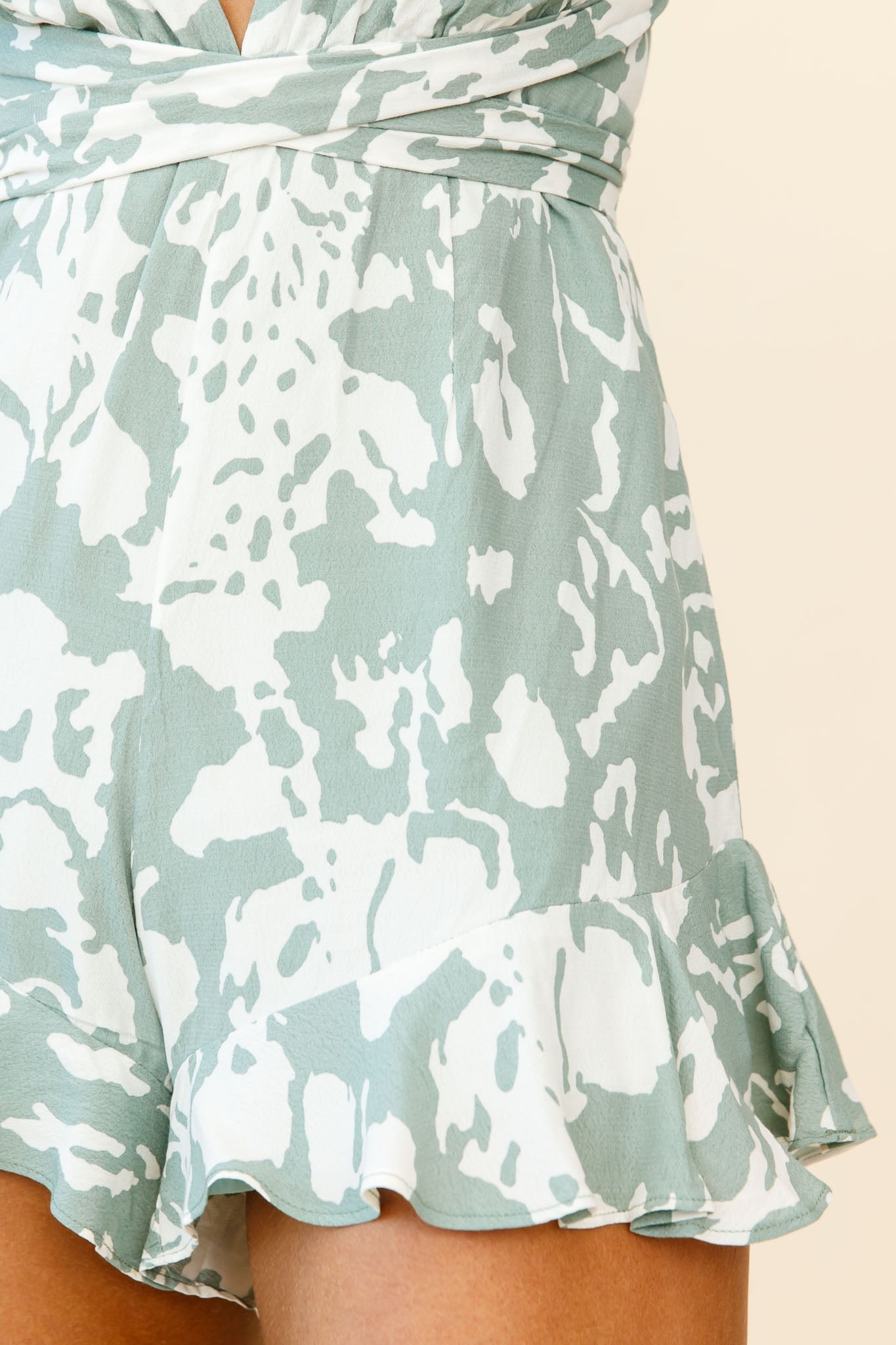 Playa Vista Halterneck Frill Hem Romper Stencil Print Sage by Selfie Leslie