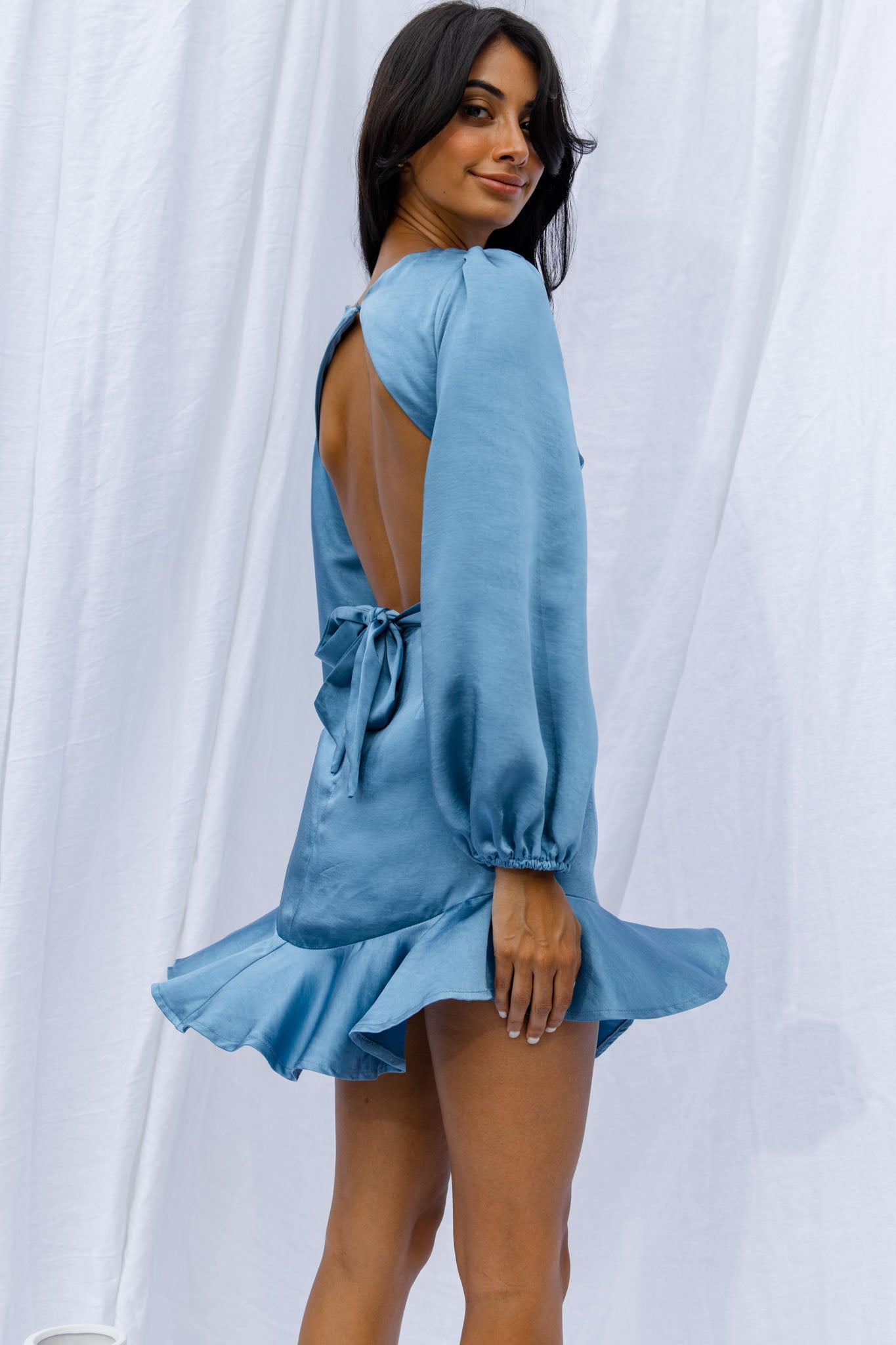 Playa Vista Long Sleeve Frill Hem Dress Blue by Selfie Leslie