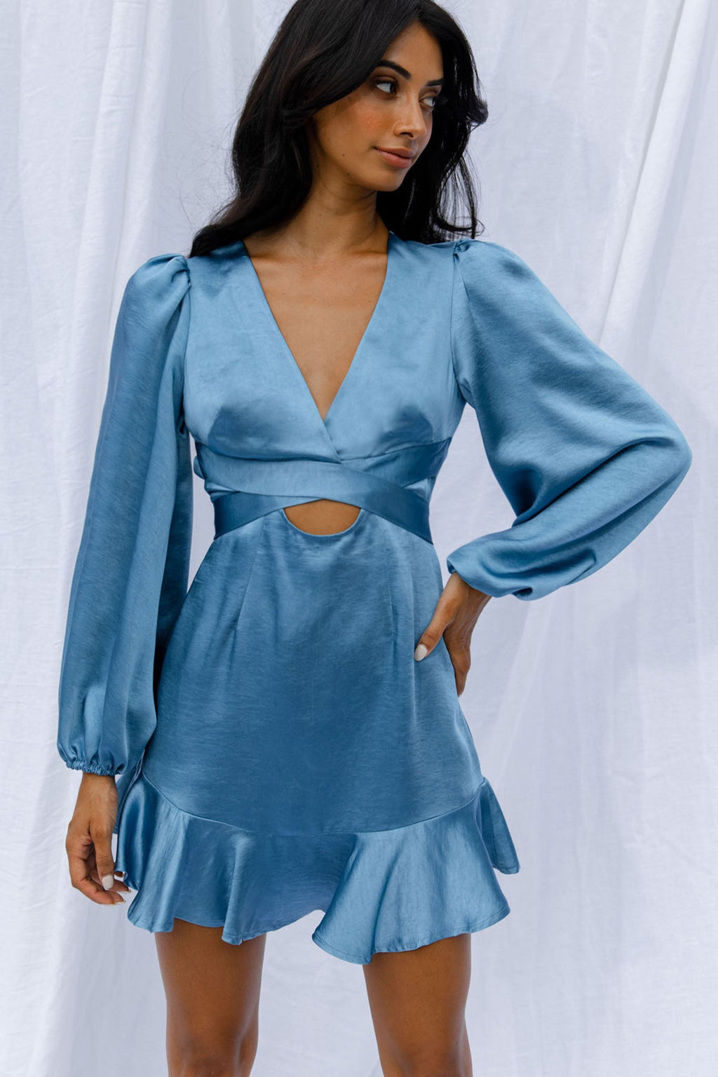 Playa Vista Long Sleeve Frill Hem Dress Blue by Selfie Leslie