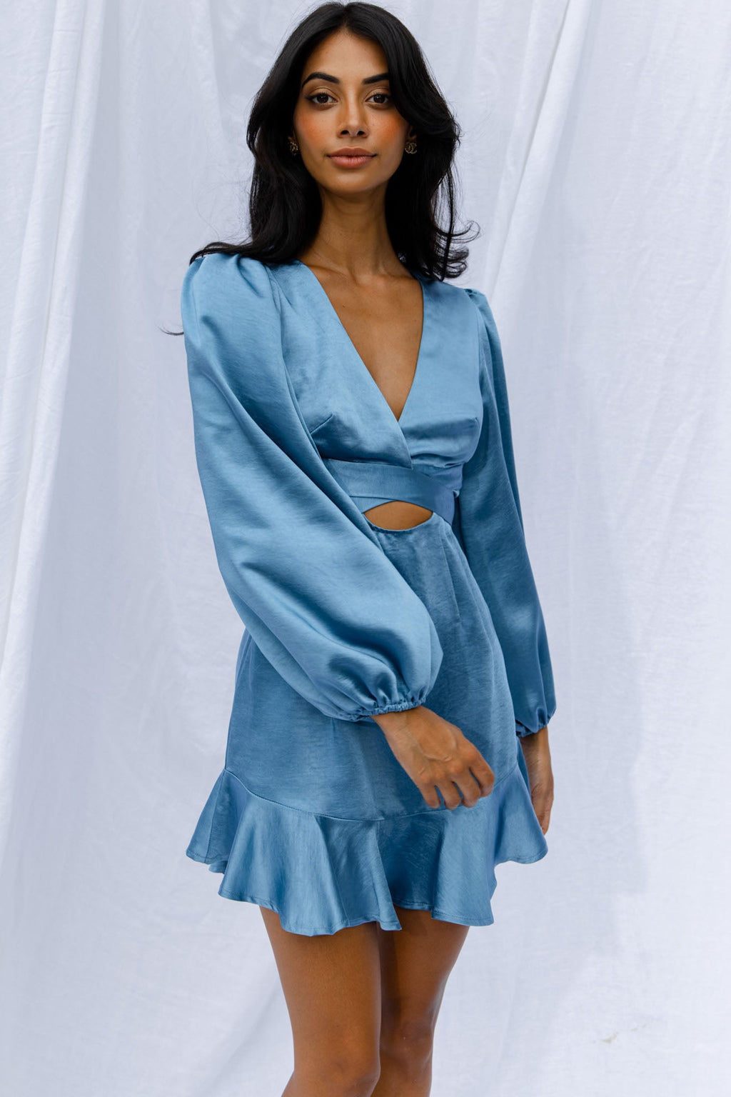 Playa Vista Long Sleeve Frill Hem Dress Blue by Selfie Leslie
