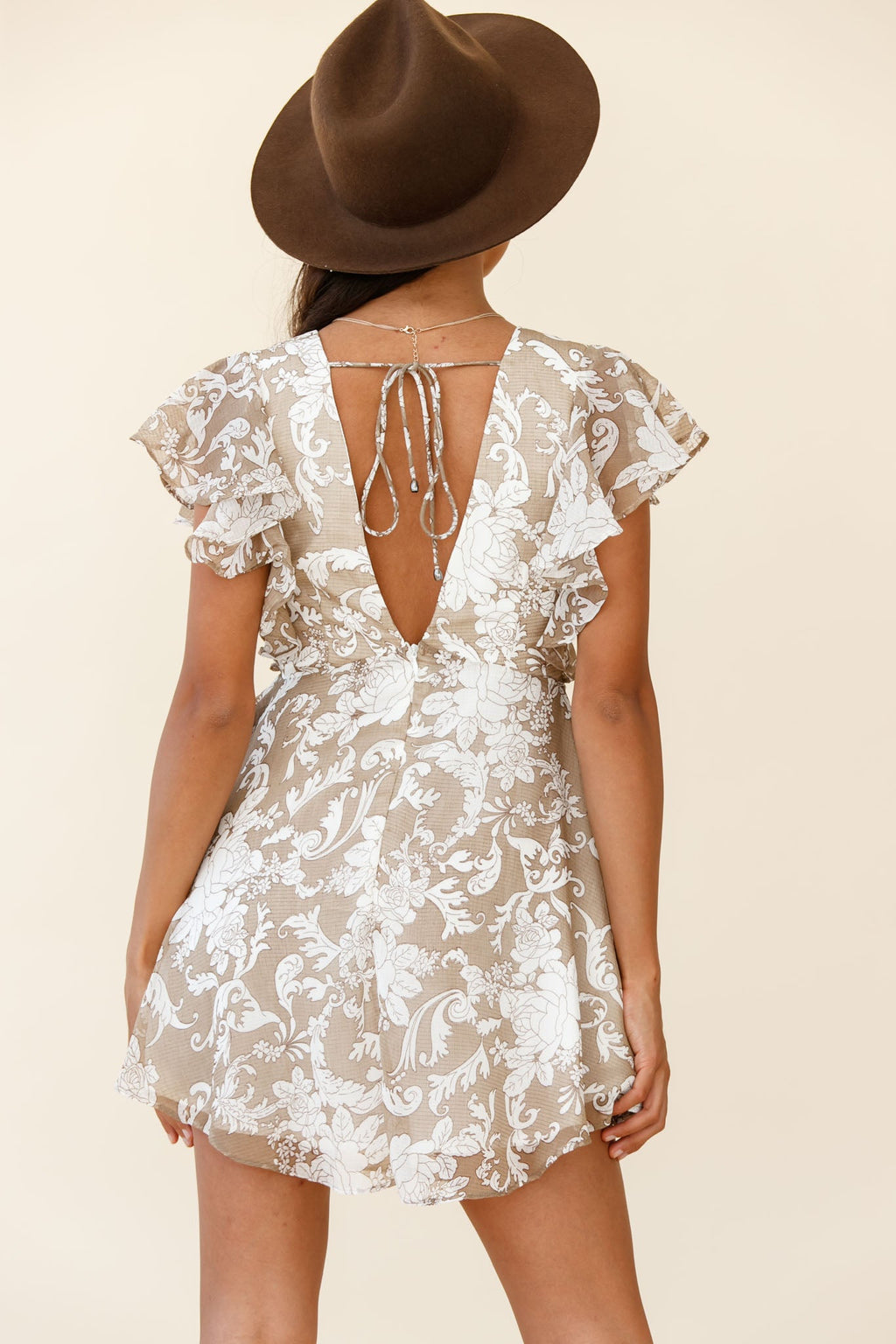 Say That Again Ruffle Shoulder Dress Ornate Floral Print Beige by Selfie Leslie