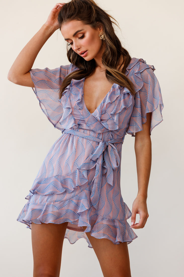 Sweet Talk Short Sleeve Ruffle Detail Dress Dot Pattern Rose/Blue by Selfie Leslie