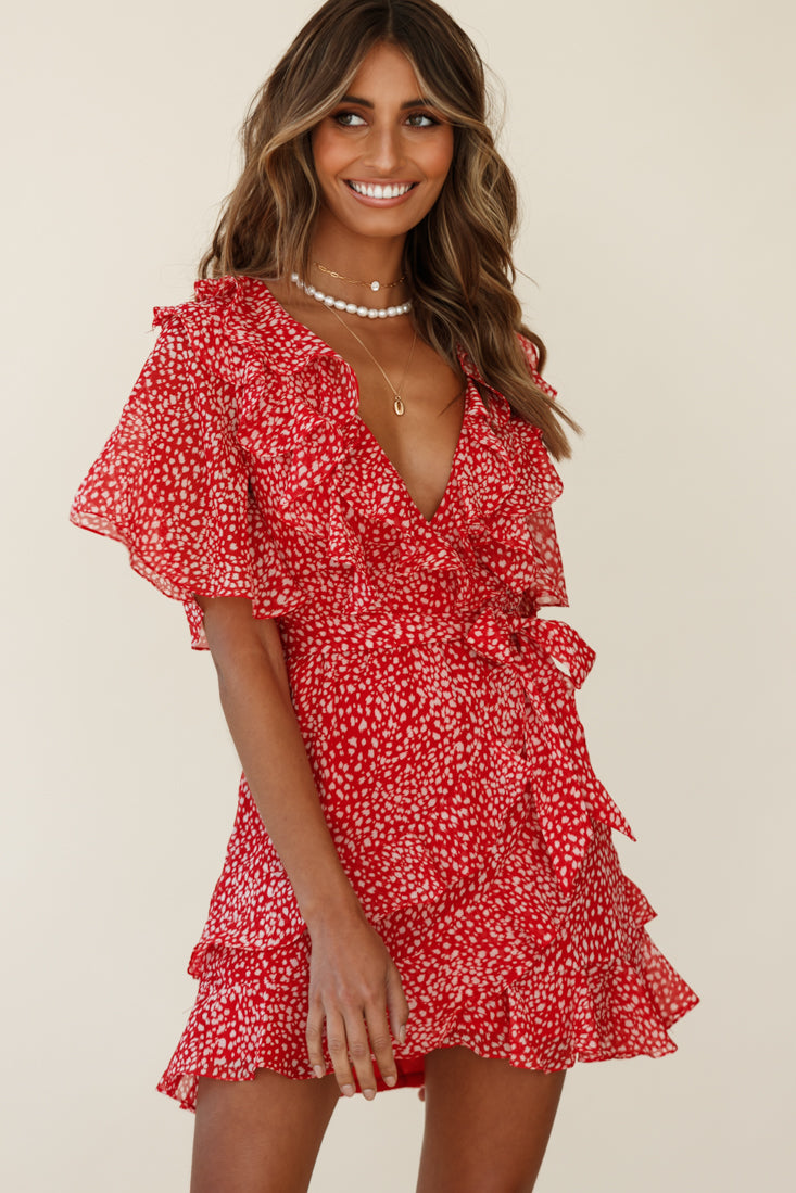 Sweet Talk Short Sleeve Ruffle Detail Dress Speckle Print Red by Selfie Leslie