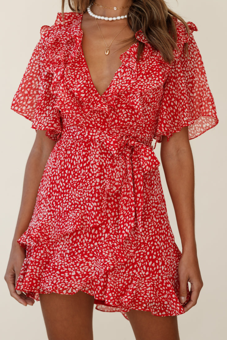 Sweet Talk Short Sleeve Ruffle Detail Dress Speckle Print Red by Selfie Leslie