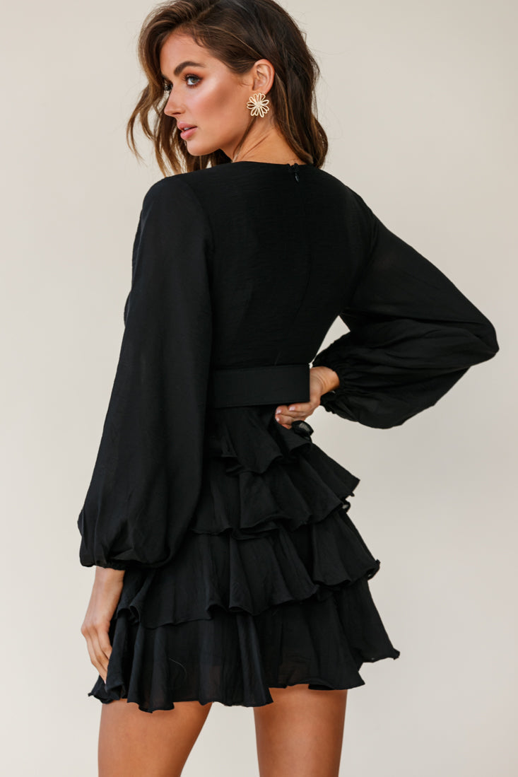 Queensland Balloon Sleeve Tiered Frill Belt Dress Black by Selfie Leslie