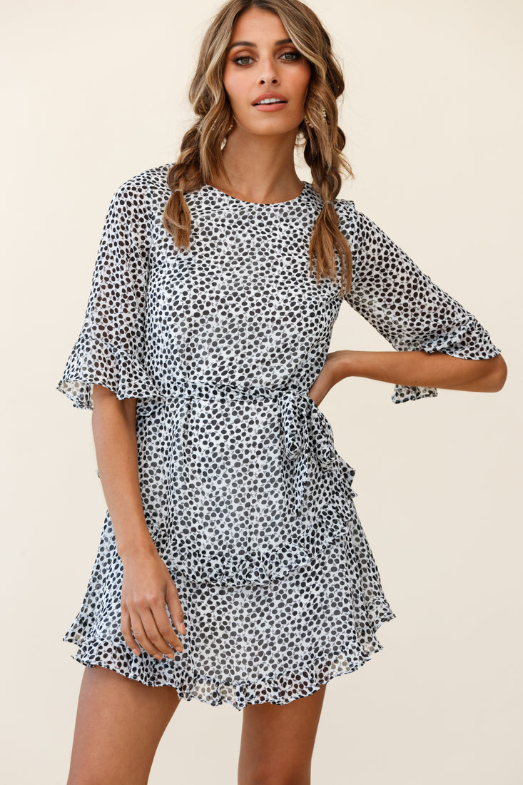 Wife Me Crew Neck Ruffle Insert Dress Polka Dot Black by Selfie Leslie