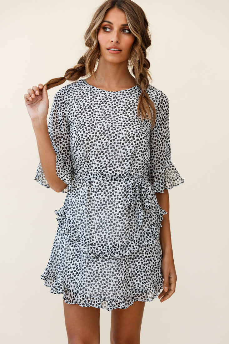 Wife Me Crew Neck Ruffle Insert Dress Polka Dot Black by Selfie Leslie