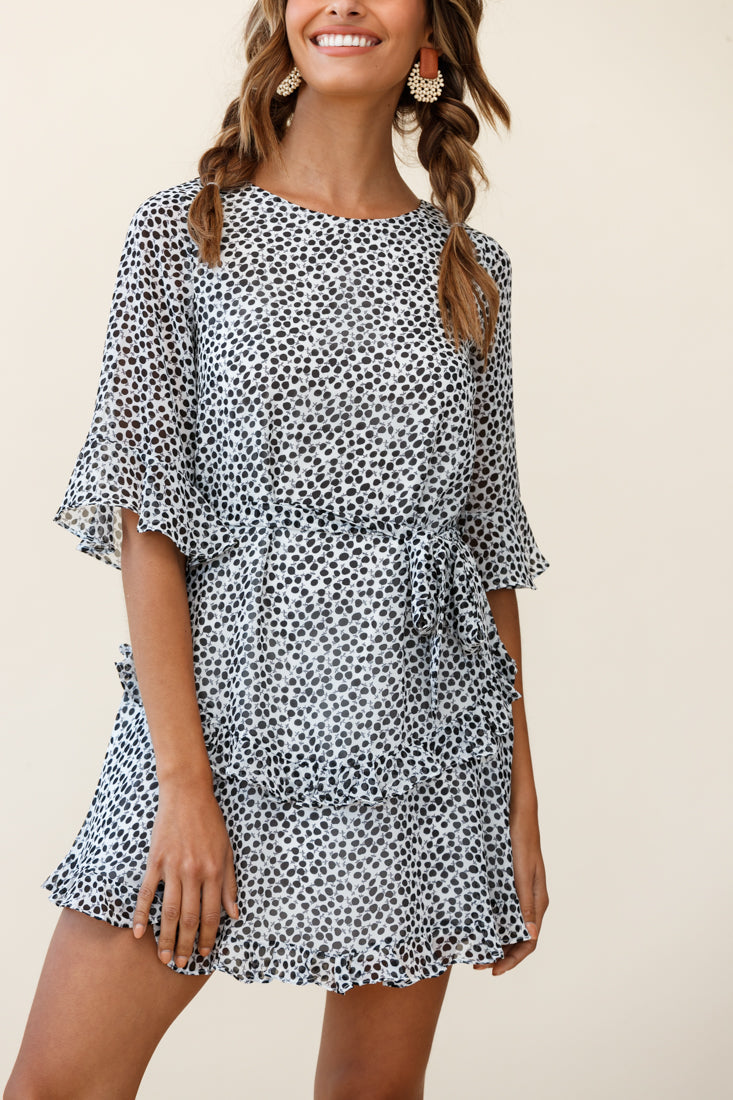 Wife Me Crew Neck Ruffle Insert Dress Polka Dot Black by Selfie Leslie