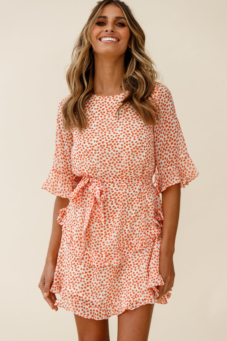 Wife Me Crew Neck Ruffle Insert Dress Polka Dot Orange by Selfie Leslie